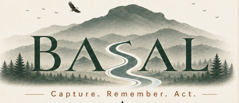 BASAL wordmark over Whale Mountain with a winding stream